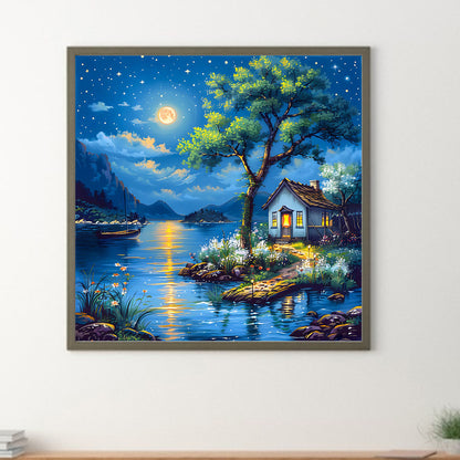 Lakeside Cabin At Night - Full Round Drill Diamond Painting 40*40CM