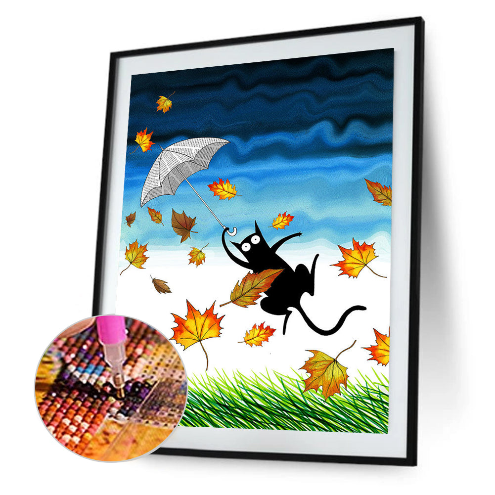 Falling Leaves, Black Cat - Full Round Drill Diamond Painting 40*50CM