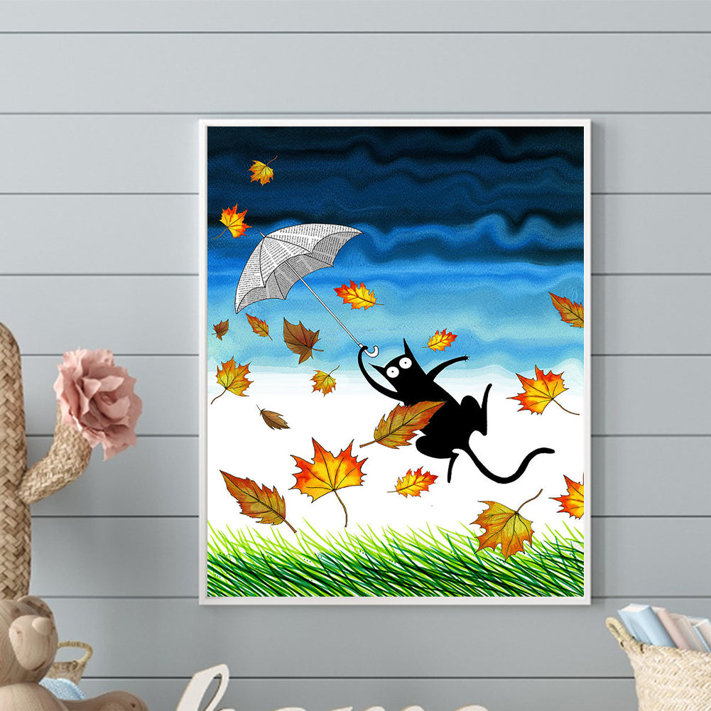 Falling Leaves, Black Cat - Full Round Drill Diamond Painting 40*50CM