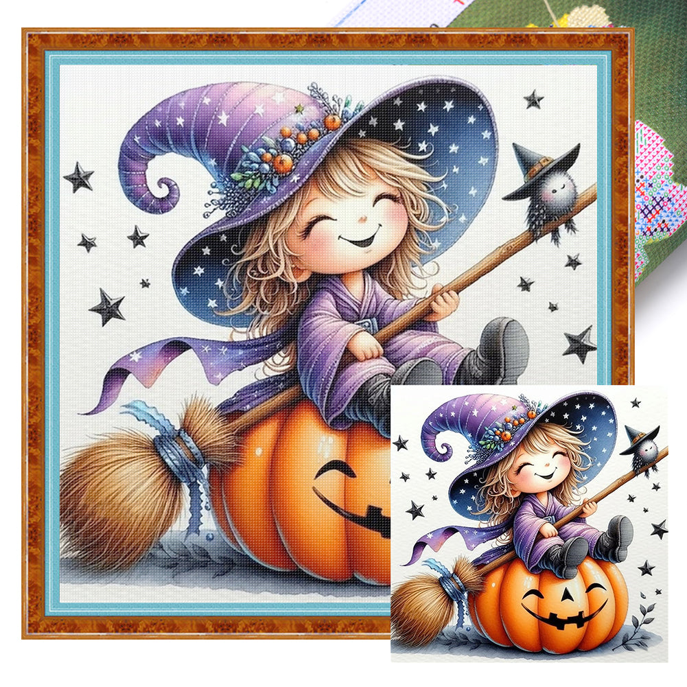 Halloween Witch And Pumpkin - 11CT Stamped Cross Stitch 40*40CM