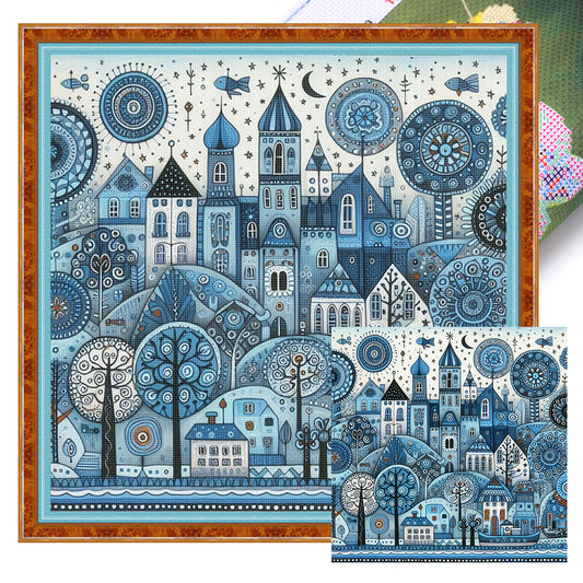 Blue Cottage - 11CT Stamped Cross Stitch 50*50CM