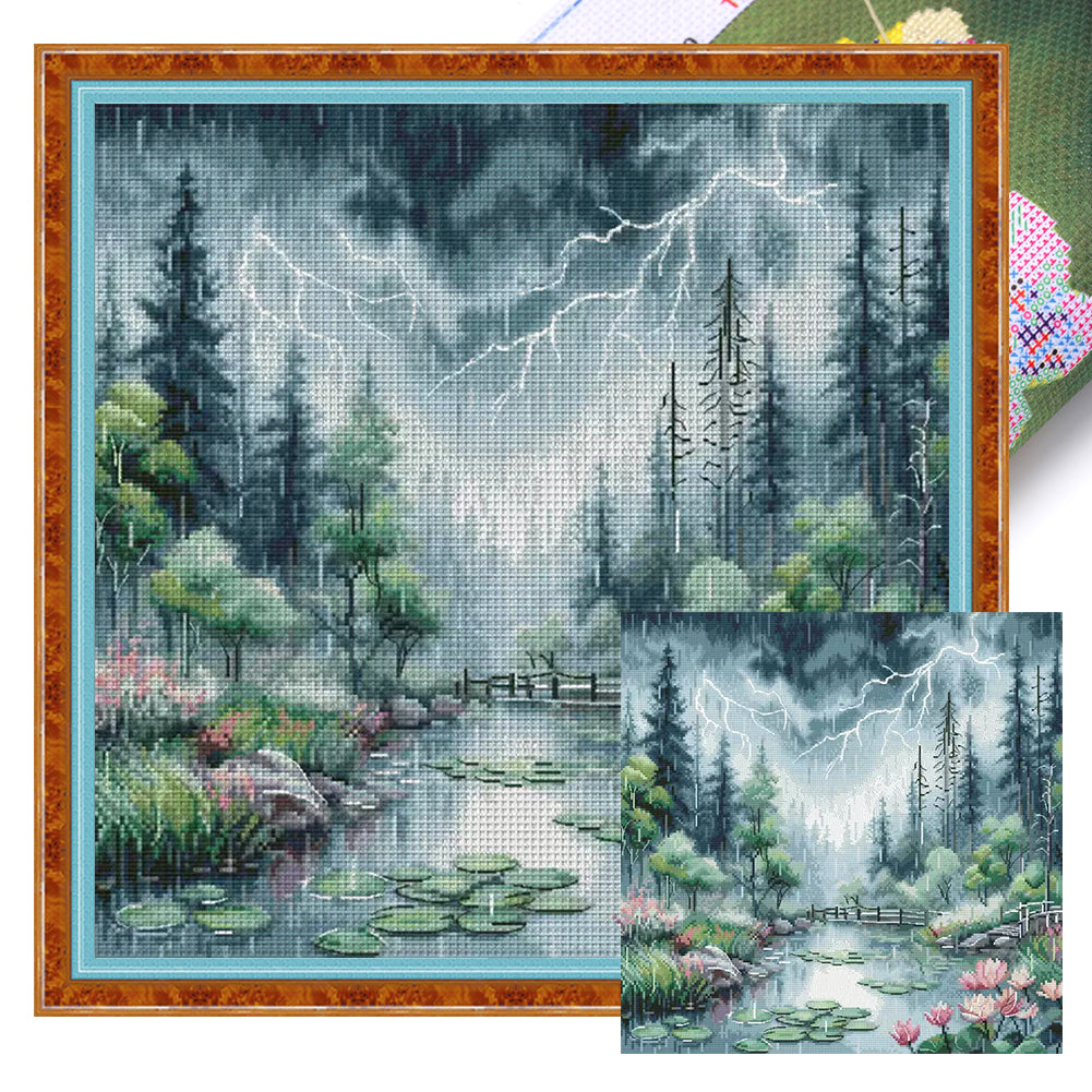 Moonlight Over The Lotus Pond - 14CT Stamped Cross Stitch 46*46CM£¨Egyptian cotton£©£¨Xiaobai£©