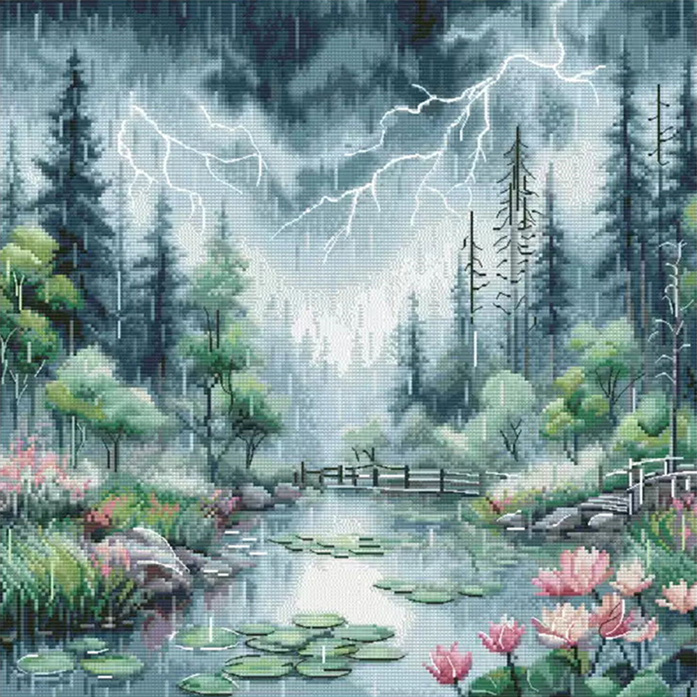 Moonlight Over The Lotus Pond - 14CT Stamped Cross Stitch 46*46CM£¨Egyptian cotton£©£¨Xiaobai£©