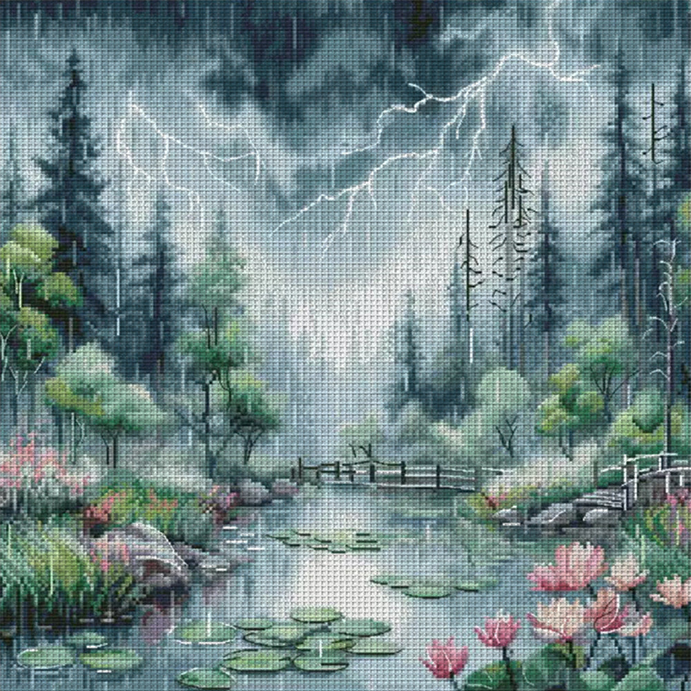 Moonlight Over The Lotus Pond - 14CT Stamped Cross Stitch 46*46CM£¨Egyptian cotton£©£¨Xiaobai£©