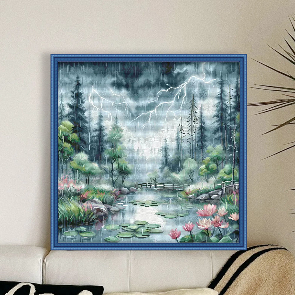 Moonlight Over The Lotus Pond - 14CT Stamped Cross Stitch 46*46CM£¨Egyptian cotton£©£¨Xiaobai£©
