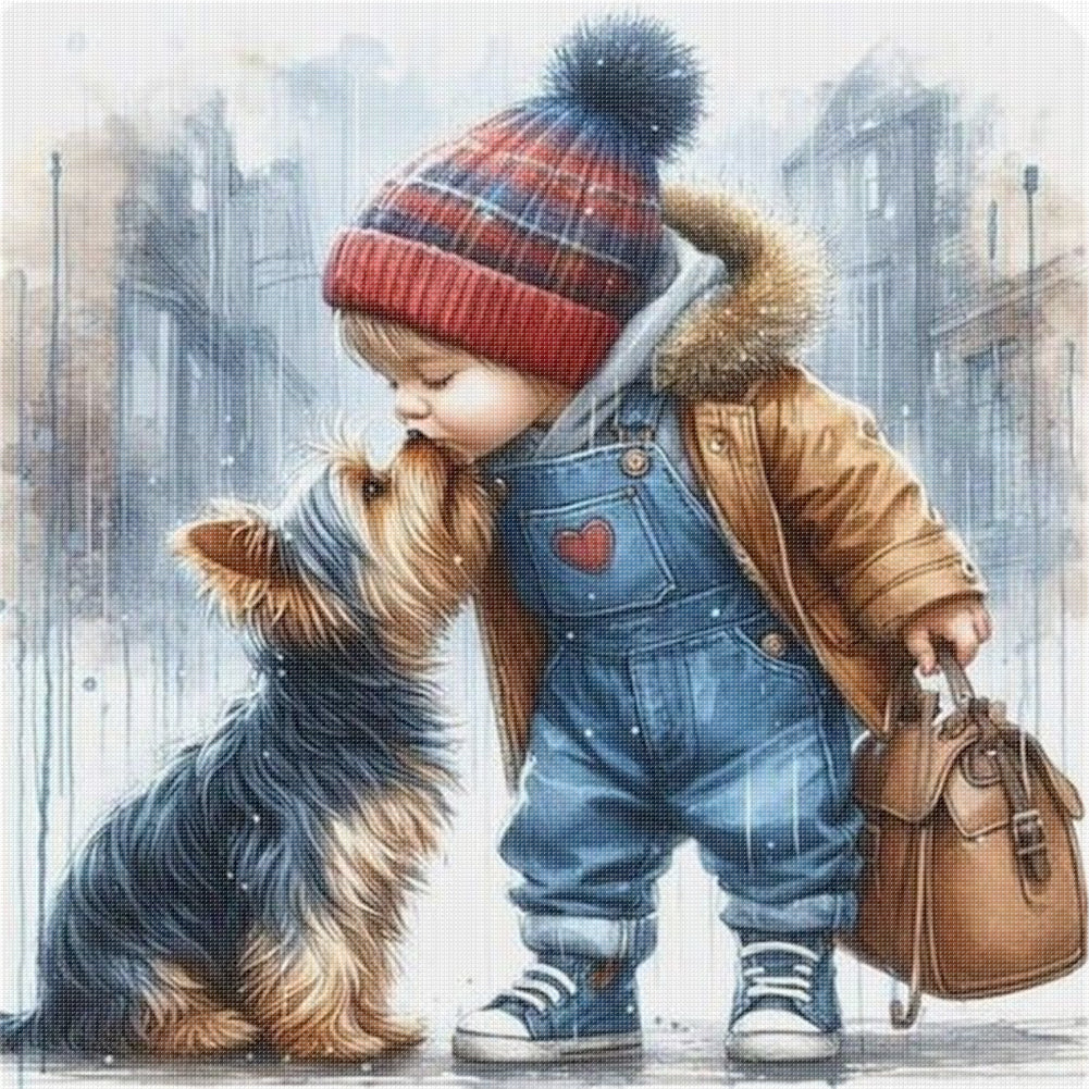 Boy And Puppy - 11CT Stamped Cross Stitch 40*40CM