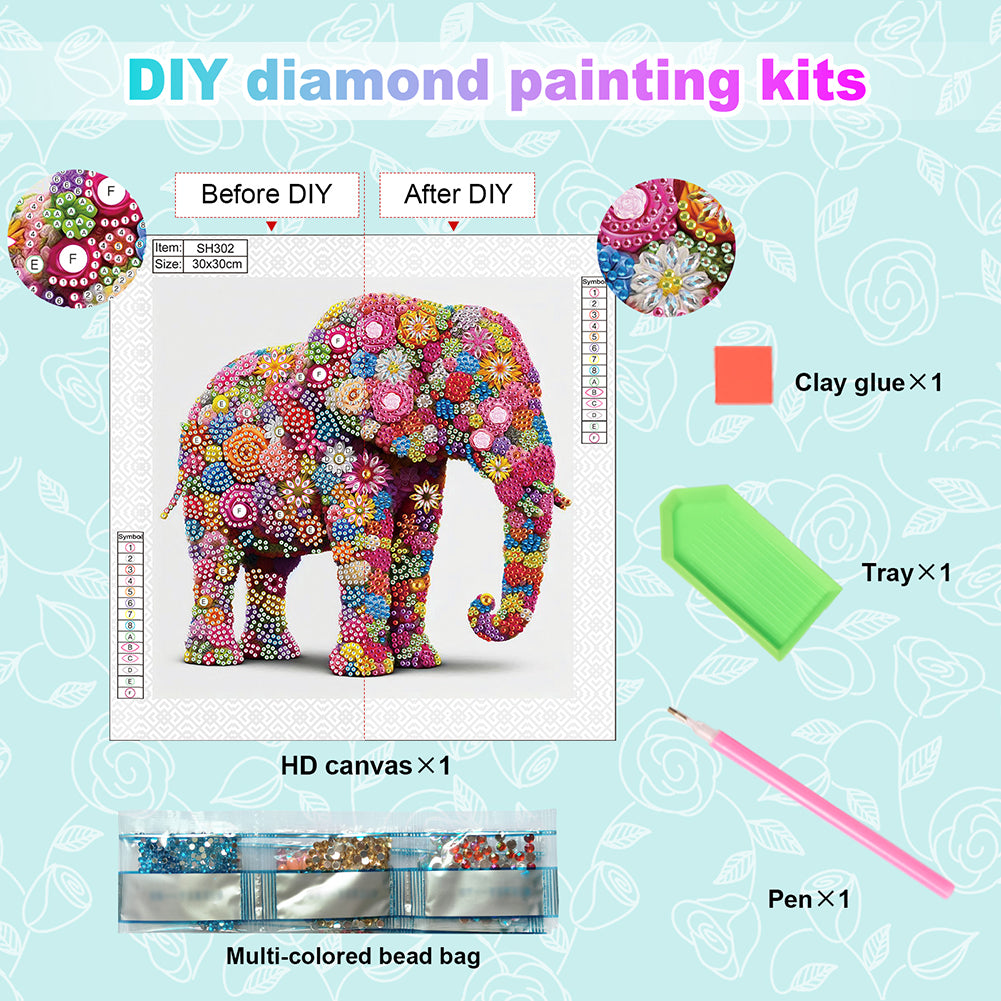 Flower Elephant - Special Shaped Drill Diamond Painting 30*30CM