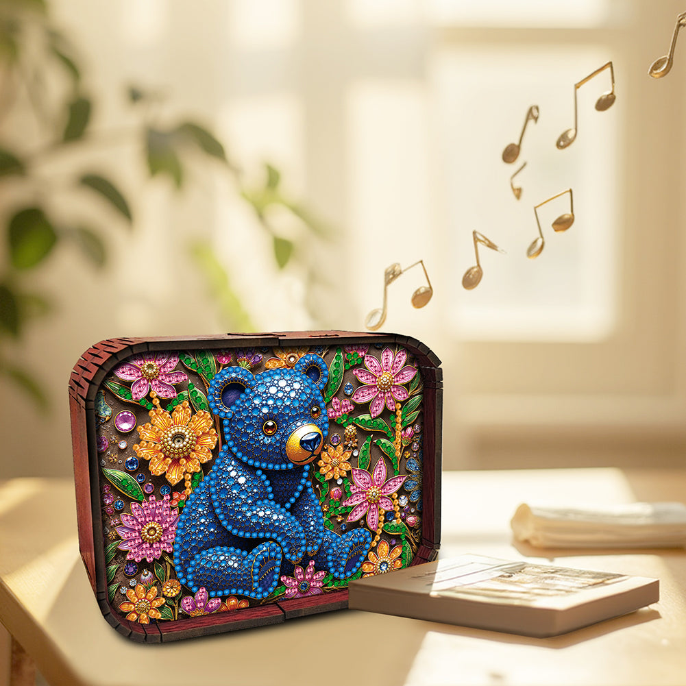 1pc Blue Bear Handmade Wooden Music Box Diamond Painting Art Kit Birthday Gift