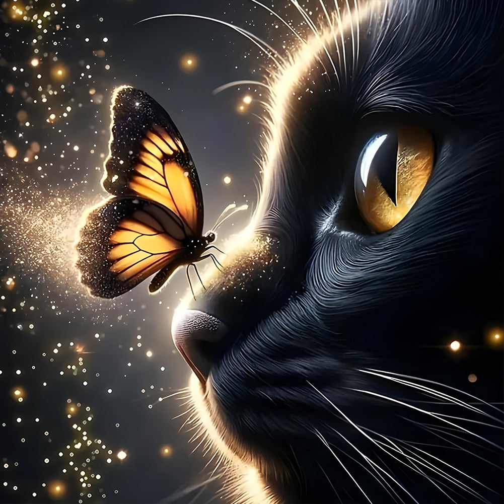 Black Cat And Butterfly - Full Round Drill Diamond Painting 30*30CM