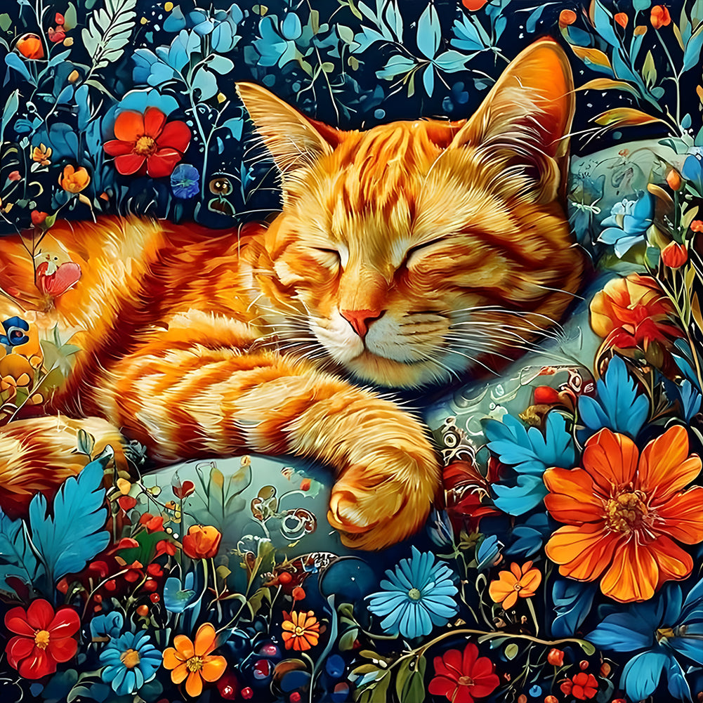 Cat With Flowers - Full Round Drill Diamond Painting 30*30CM