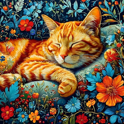 Cat With Flowers - Full Round Drill Diamond Painting 30*30CM
