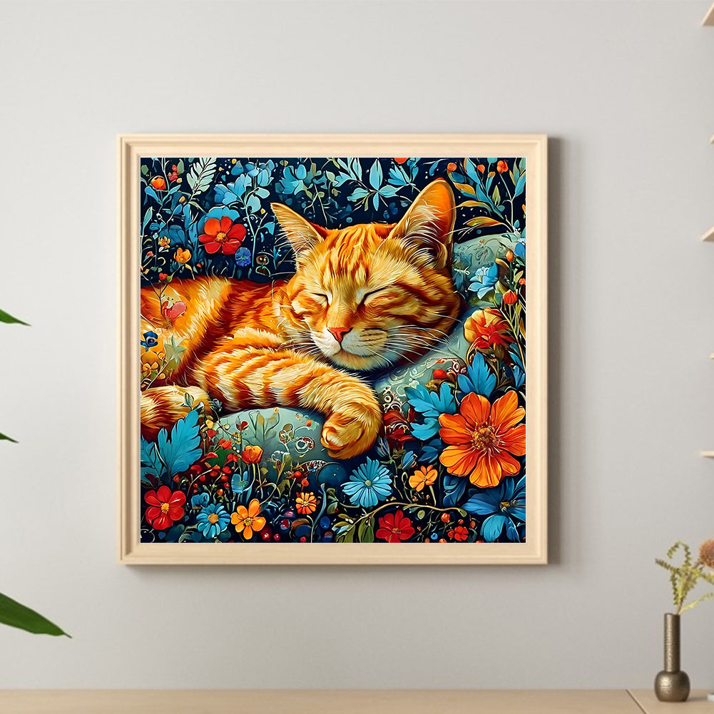 Cat With Flowers - Full Round Drill Diamond Painting 30*30CM