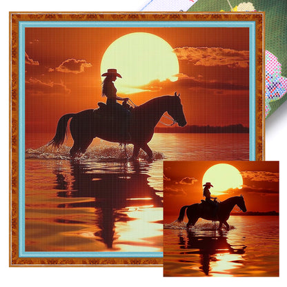 Girl Riding At Sunset - 11CT Stamped Cross Stitch 40*40CM