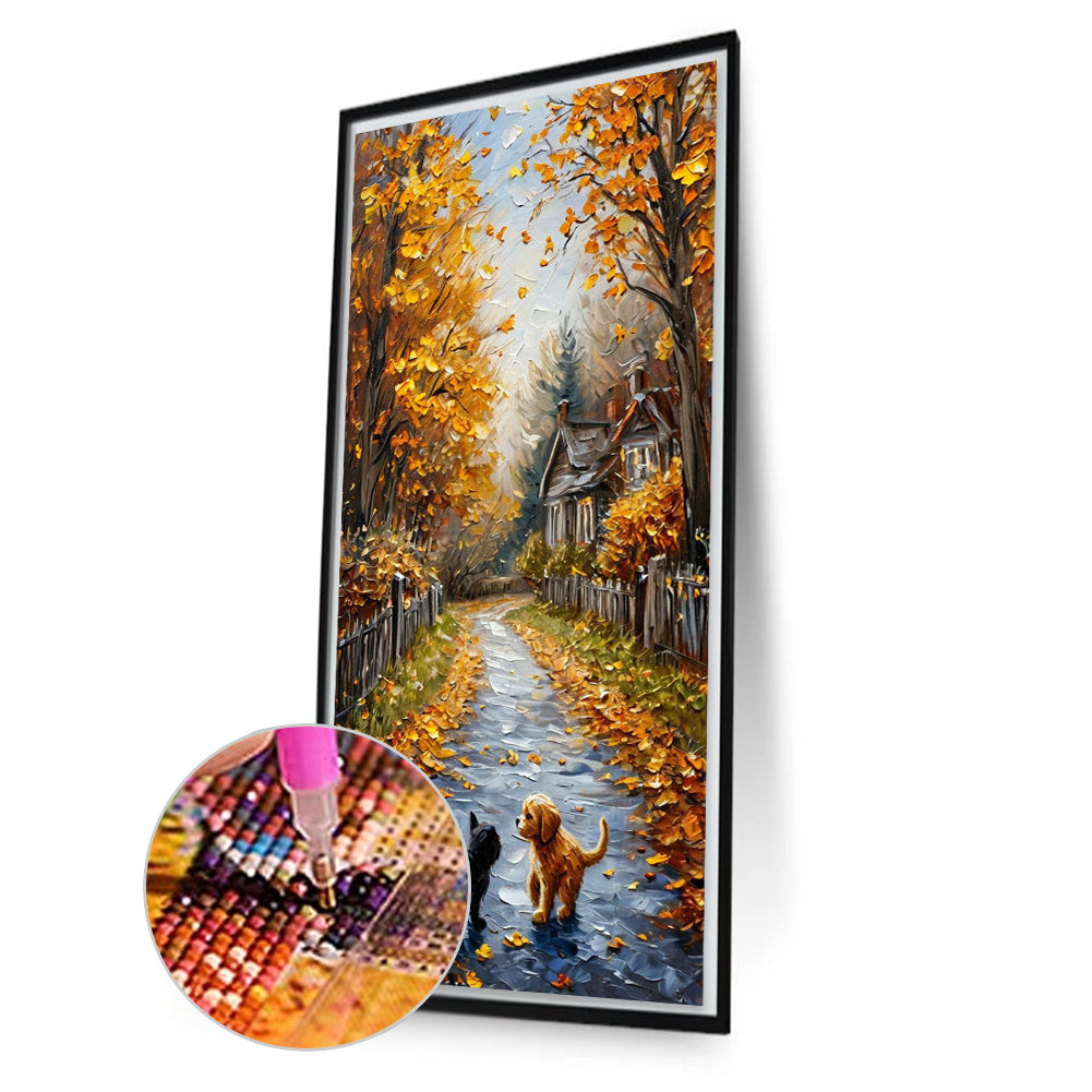 Autumn Path With Cats And Dogs - Full Round Drill Diamond Painting 40*70CM