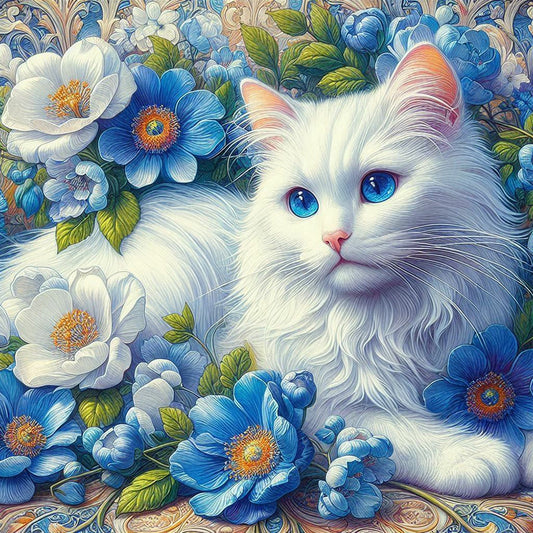 White Cat And Flowers - Full Round Drill Diamond Painting 40*40CM