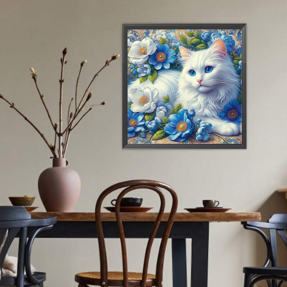 White Cat And Flowers - Full Round Drill Diamond Painting 40*40CM
