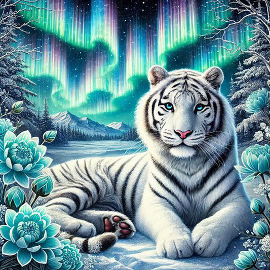 White Tiger And Aurora Borealis - Full Round Drill Diamond Painting 40*40CM