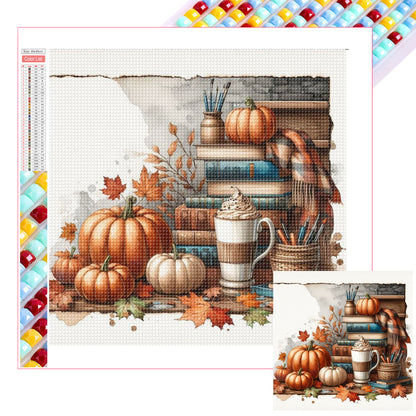 Autumn Maple Leaf Book With Hot Cocoa - Full Square Drill Diamond Painting 30*30CM