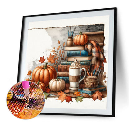 Autumn Maple Leaf Book With Hot Cocoa - Full Square Drill Diamond Painting 30*30CM