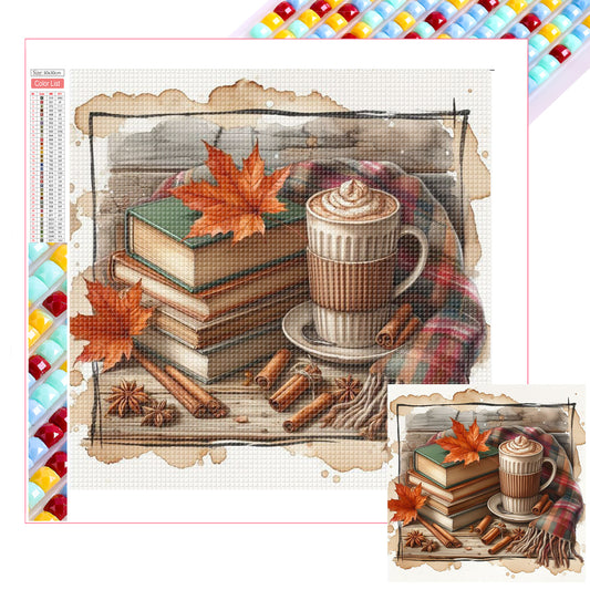 Autumn Maple Leaf Book With Hot Cocoa - Full Square Drill Diamond Painting 30*30CM