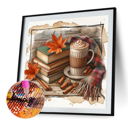 Autumn Maple Leaf Book And Hot Cocoa - Full Square Drill Diamond Painting 30*30CM
