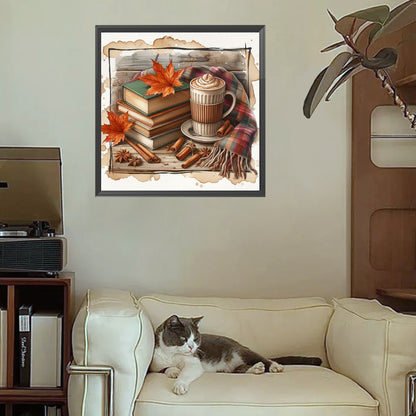 Autumn Maple Leaf Book And Hot Cocoa - Full Square Drill Diamond Painting 30*30CM