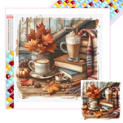 Autumn Maple Leaf Book With Hot Cocoa - Full Square Drill Diamond Painting 30*30CM