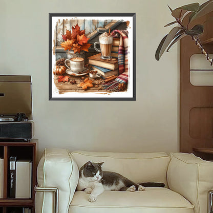 Autumn Maple Leaf Book And Hot Cocoa - Full Square Drill Diamond Painting 30*30CM