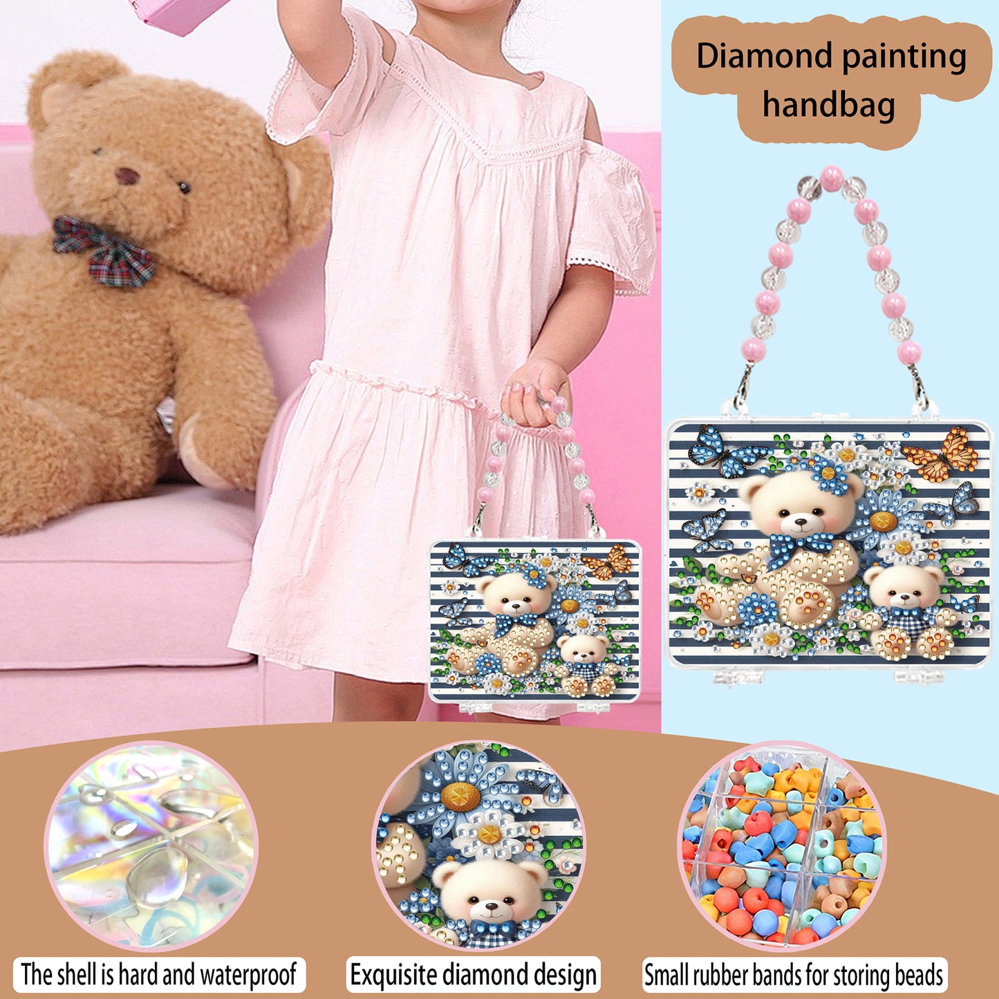 DIY Diamond Painting Bead Storage Handbag Rhinestones Jewelry Case (Bear)