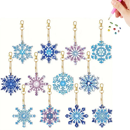 12pcs 2D Flat DIY Diamond Painting Keychain Double Sided Keyrings (Snowflakes)