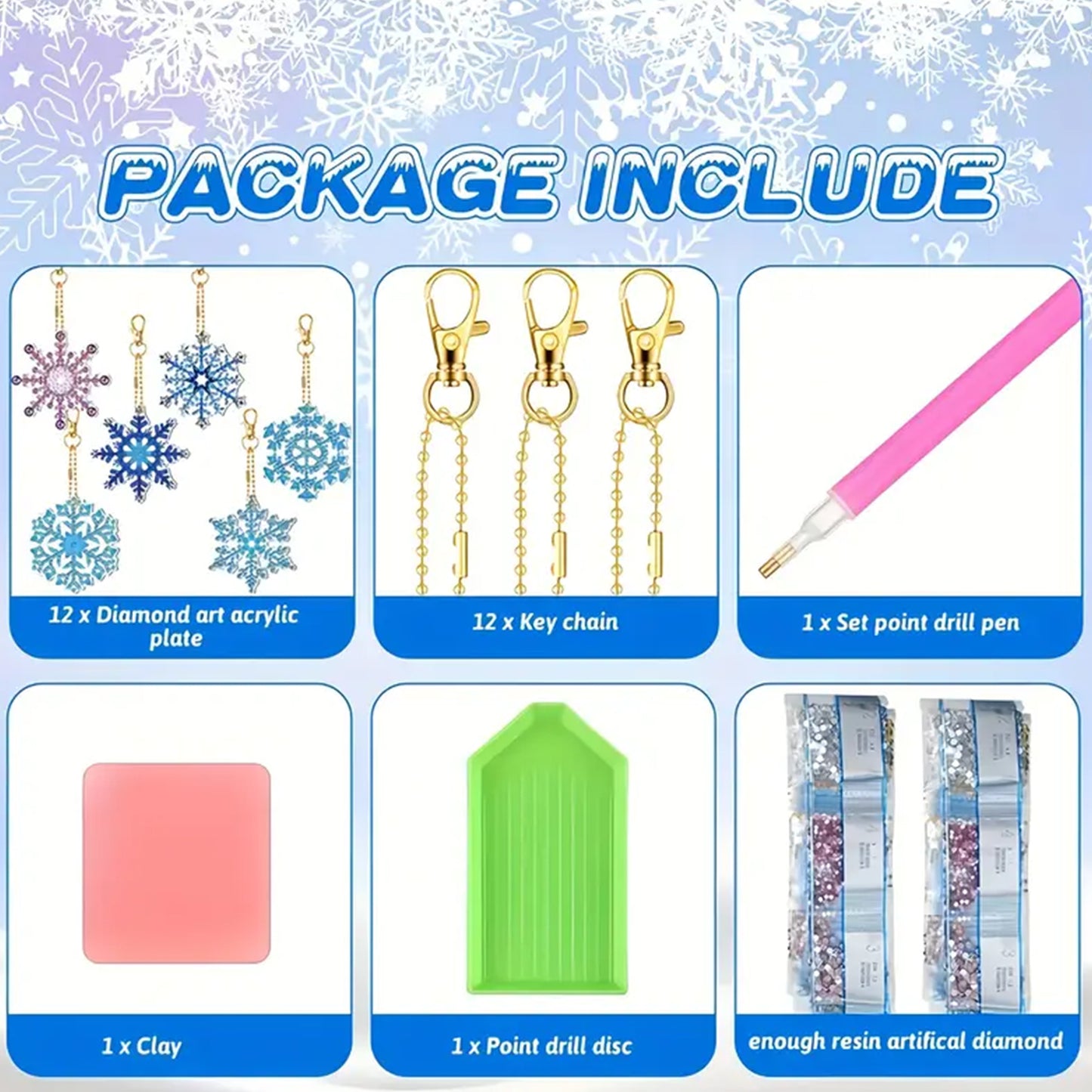 12pcs 2D Flat DIY Diamond Painting Keychain Double Sided Keyrings (Snowflakes)