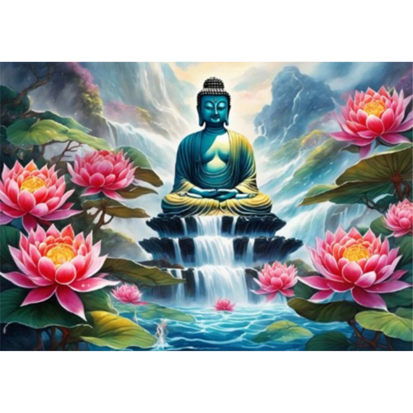 Lotus And Buddha Statue - Full Round Drill Diamond Painting 50*35CM