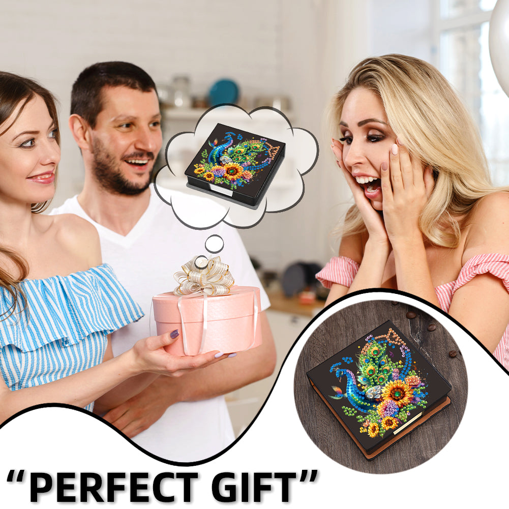 5D DIY PU Diamond Art Note Box with 160 Sheets Paper Memo Pad Holder (Peacock)