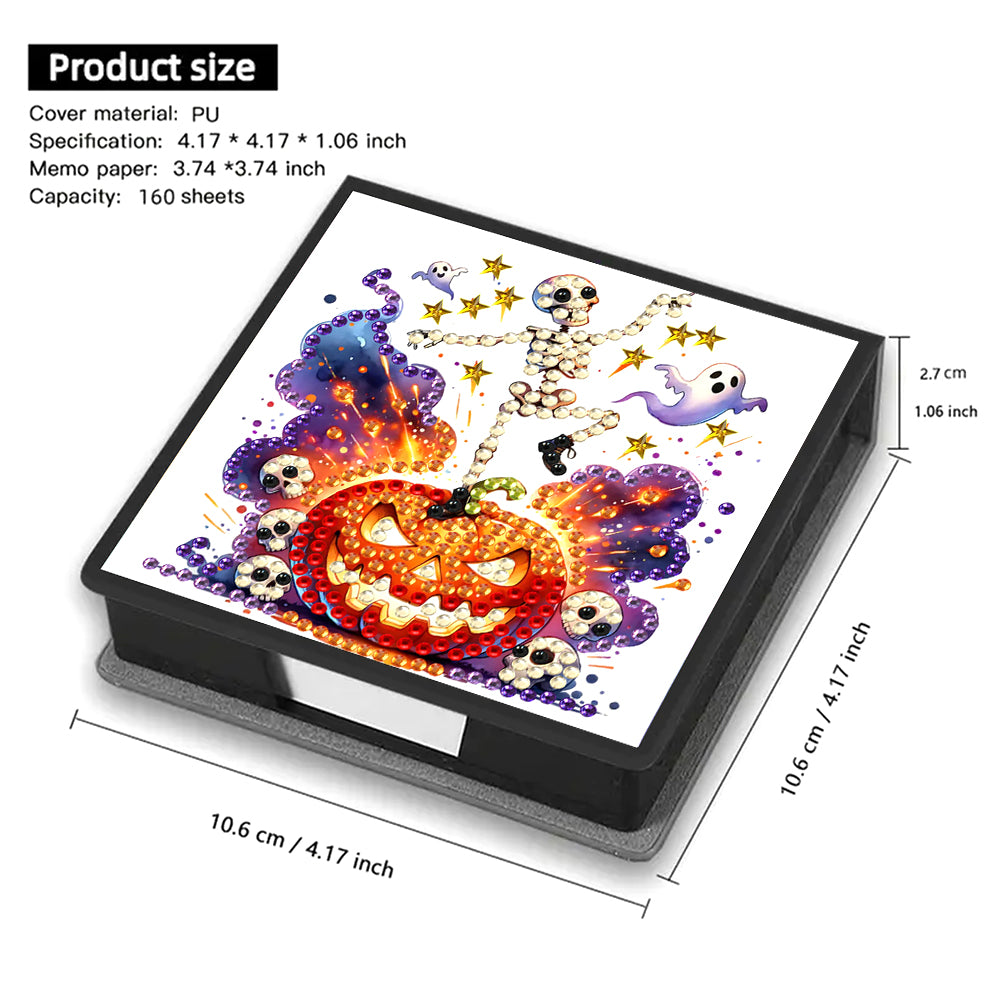 5D DIY PU Diamond Art Note Box with 160 Sheets Paper Memo Pad Holder (Skull)(Halloween)