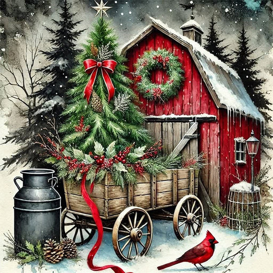 Christmas Tree And Cottage - 11CT Stamped Cross Stitch 45*45CM