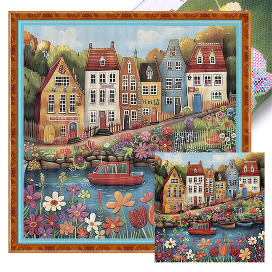 Colorful Houses - 14CT Stamped Cross Stitch 40*40CM