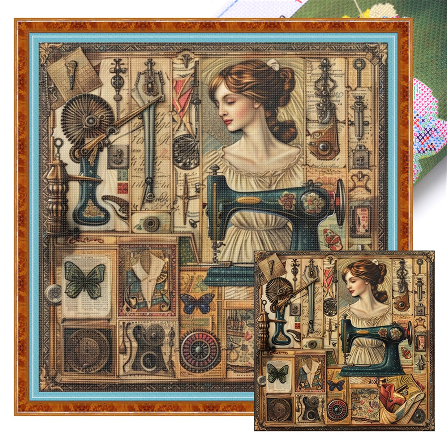 Woman With Sewing Machine - 14CT Stamped Cross Stitch 40*40CM