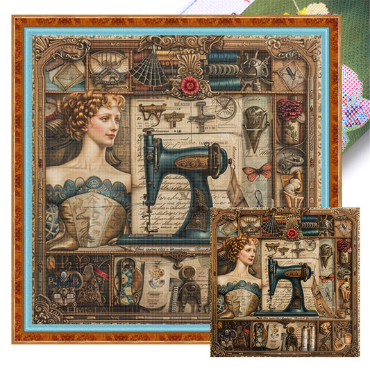 Woman With Sewing Machine - 14CT Stamped Cross Stitch 40*40CM