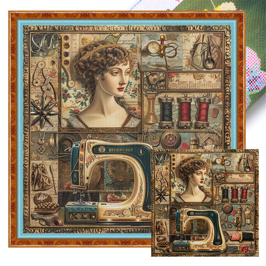 Woman With Sewing Machine - 14CT Stamped Cross Stitch 40*40CM