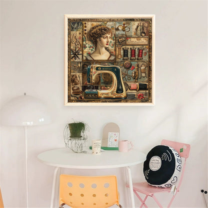 Woman With Sewing Machine - 14CT Stamped Cross Stitch 40*40CM