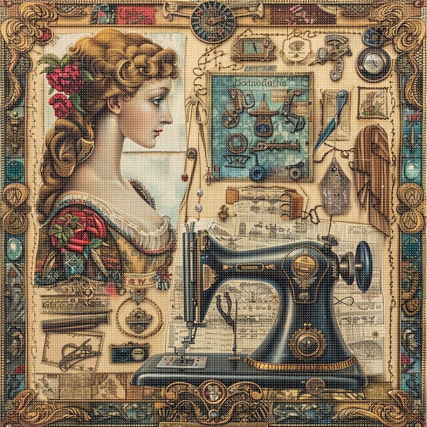 Woman With Sewing Machine - 14CT Stamped Cross Stitch 40*40CM