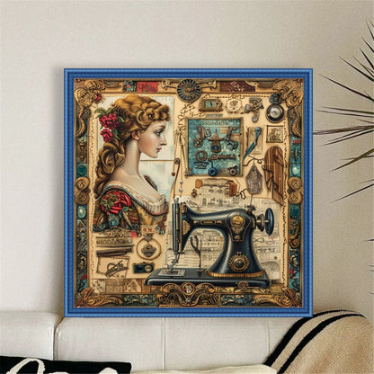 Woman With Sewing Machine - 14CT Stamped Cross Stitch 40*40CM
