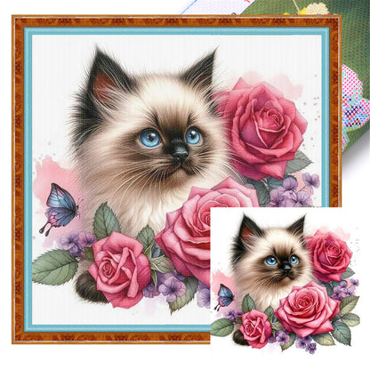 Rose Siamese Cat - 11CT Stamped Cross Stitch 40*40CM