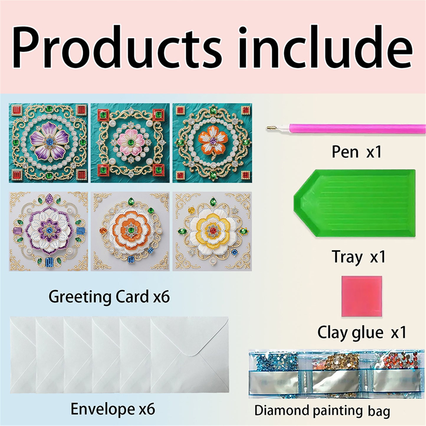 6pcs DIY Floral Pattern Diamond Art Greeting Cards for Festivals and Celebration