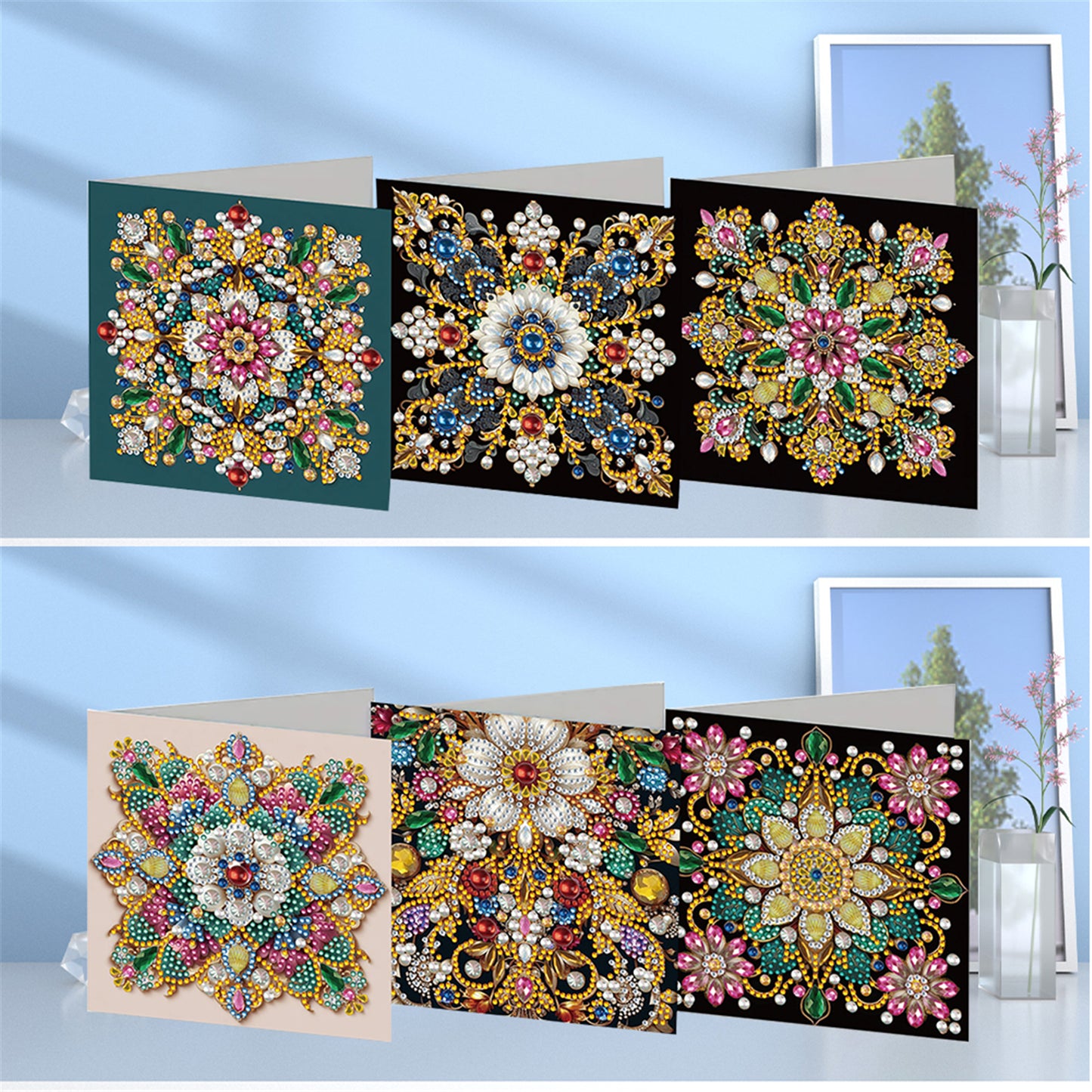 6pcs DIY Flower Pattern Diamond Art Greeting Cards for Festivals and Celebration