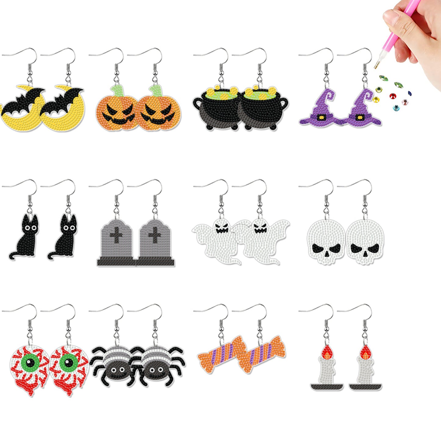 12 Pairs Halloween Diamond Painting Earrings DIY Diamond Art Earrings for Adults