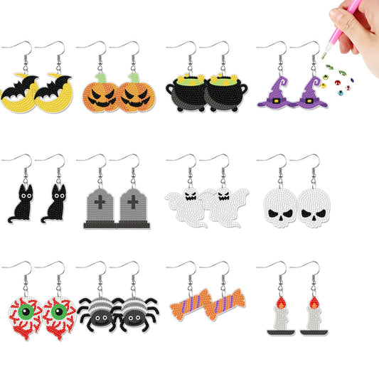 12 Pairs Halloween Diamond Painting Earrings DIY Diamond Art Earrings for Adults