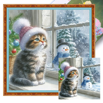 Window Cat Snowman - 11CT Stamped Cross Stitch 40*40CM