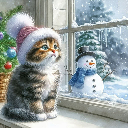 Window Cat Snowman - 11CT Stamped Cross Stitch 40*40CM