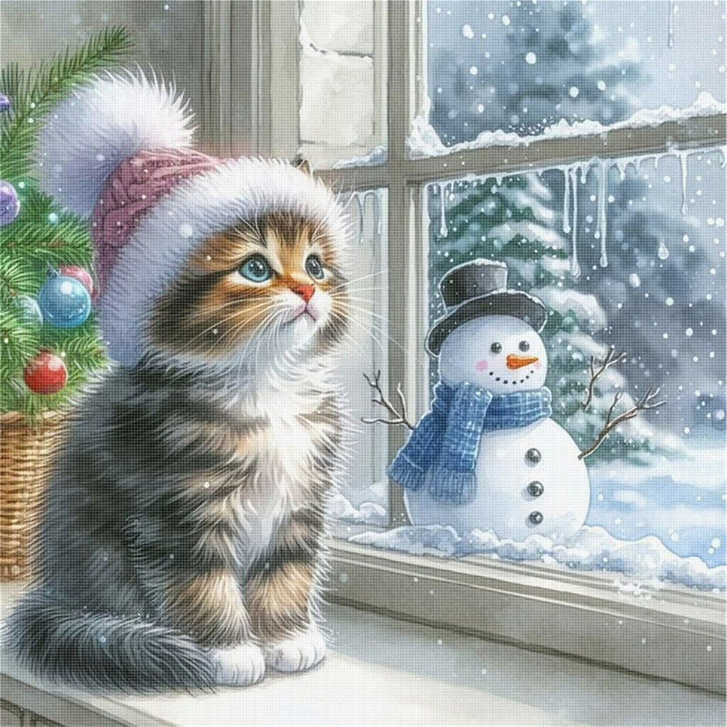 Window Cat Snowman - 11CT Stamped Cross Stitch 40*40CM